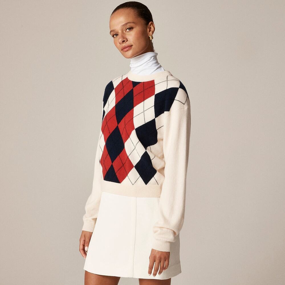 J Crew Perfect Cashmere Sweater Argyle Preppy Old Money Academia Fall Winter M
